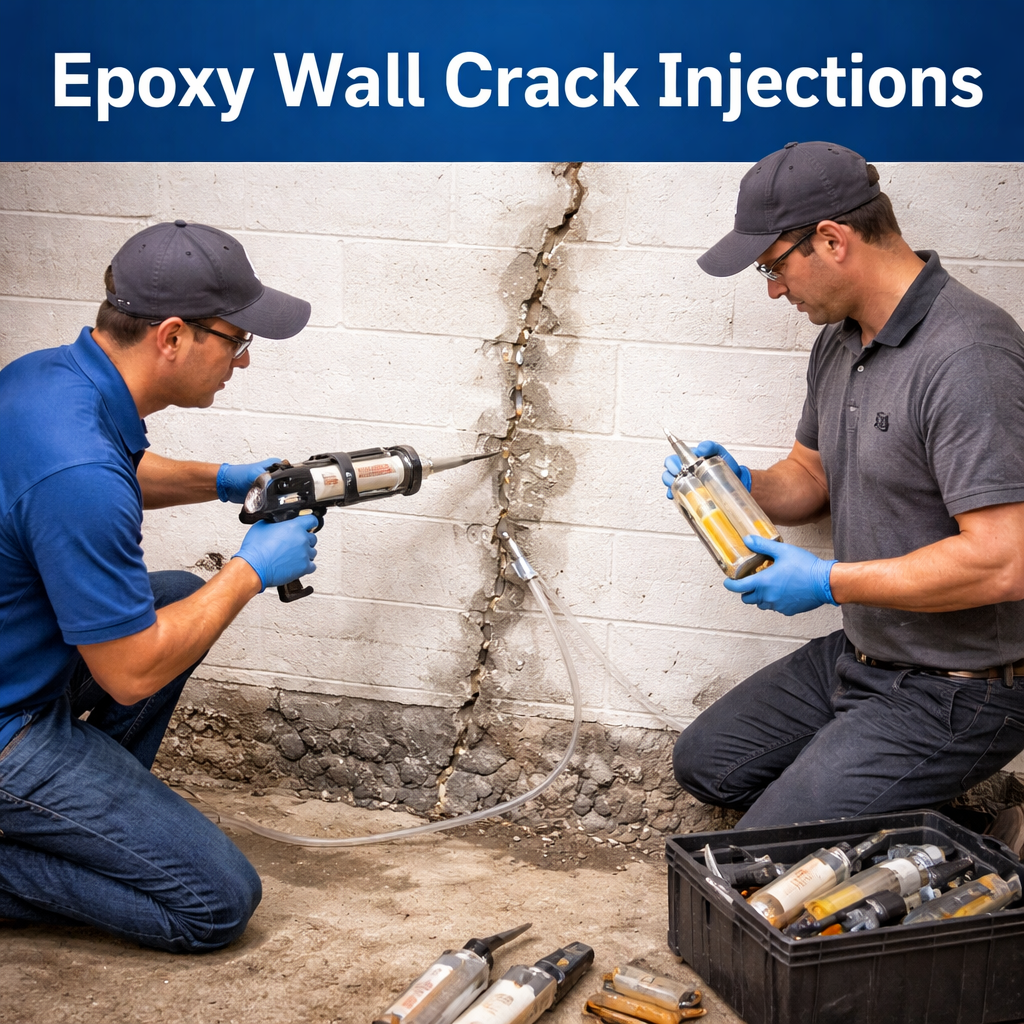 Basement wall crack repair with epoxy injections
